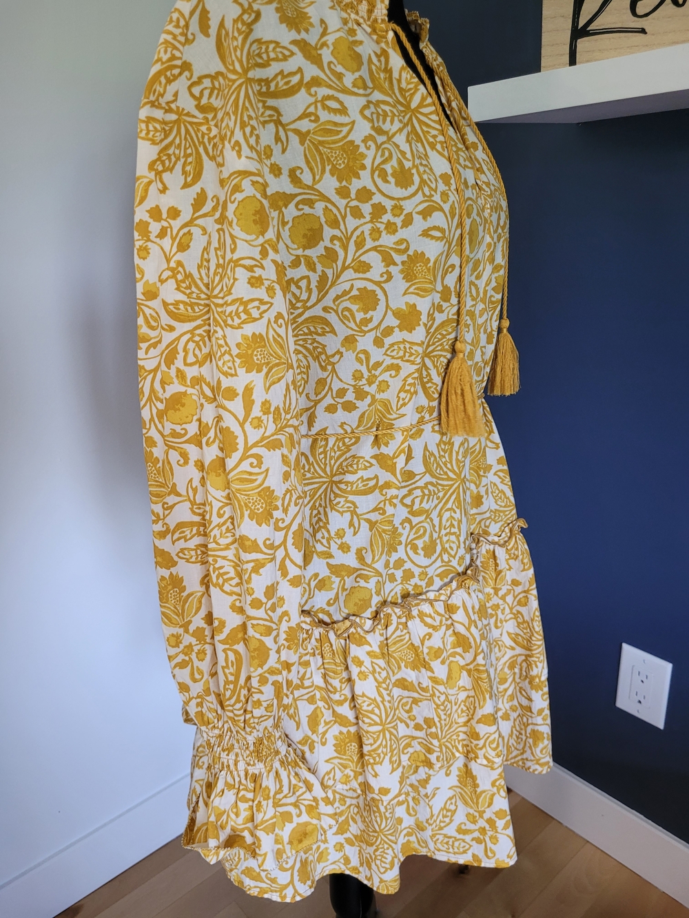 H&M 100% Cotton Top/Dress Yellow/White Floral Tie-Waist Long Sleeve XS -Like New - Picture 6 of 14